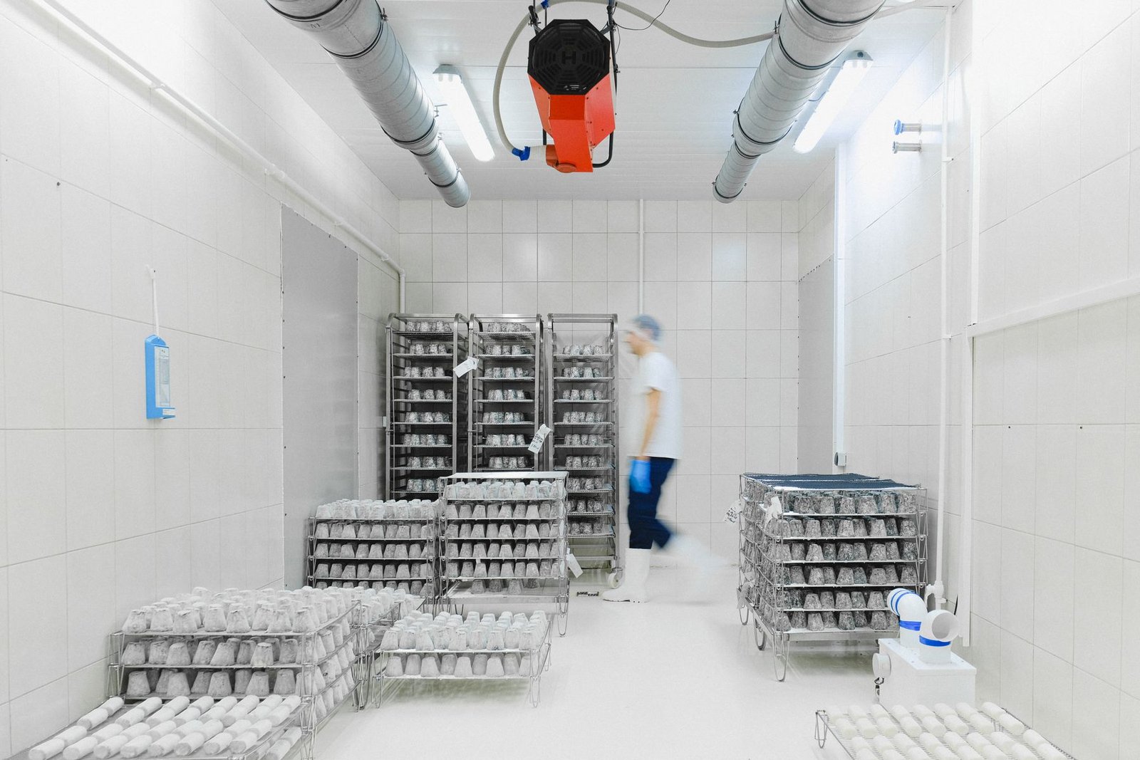 Refrigerated cold room with product stored on racks and active cooling equipment